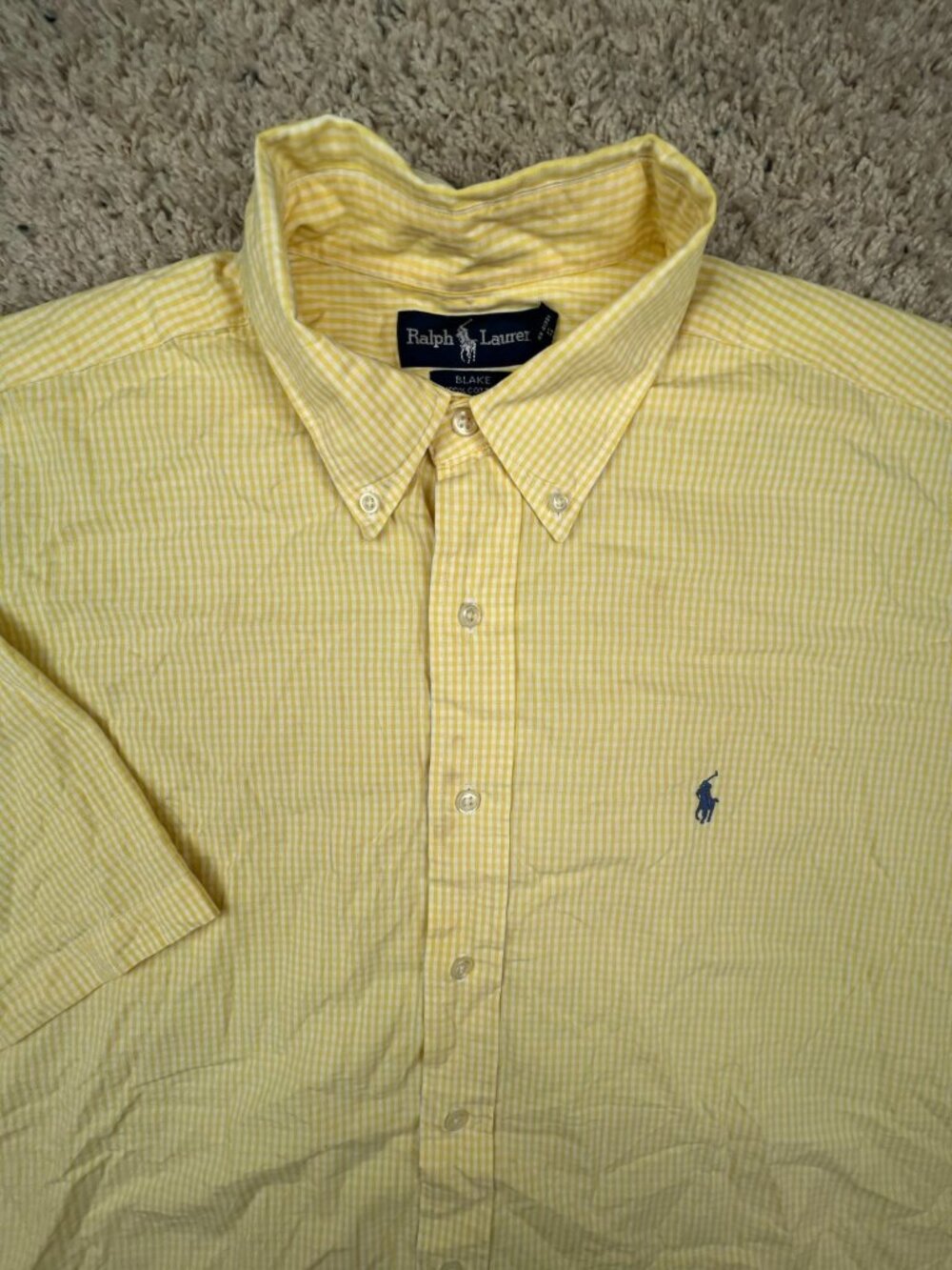 Ralph Lauren BLAKE Button Up Shirt Cotton Adult Size XL Yellow White Check S/S